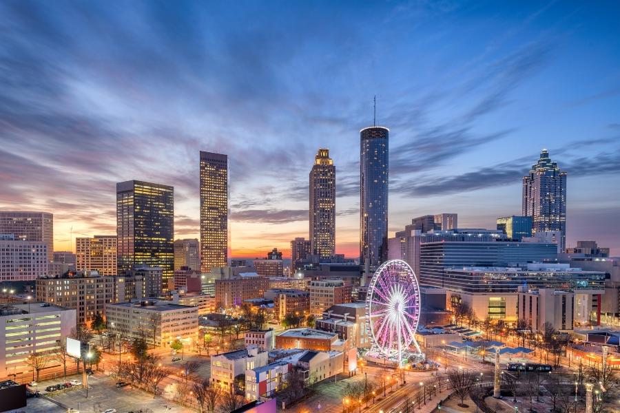 the Atlanta city skyline at sunset